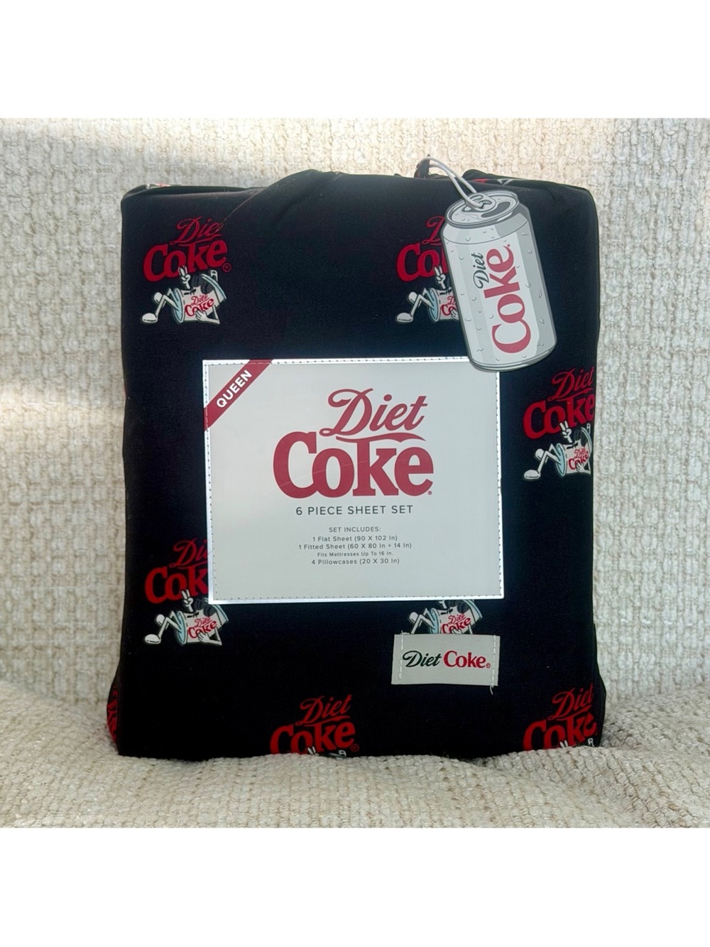 Coca-Cola Diet Coke Queen Sheet Set 6pc Black Retro Soda Can Dorm Bedding NWT